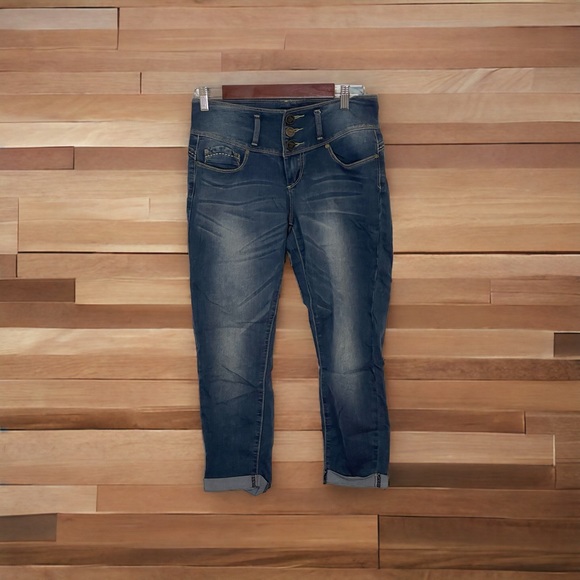 Indigo Rein Jeans Size 9 Low Rise Skinny Leg Womens Blue Denim Cuffed Capris - Picture 1 of 4
